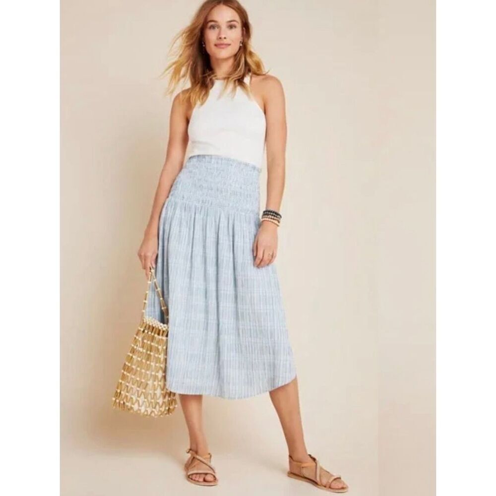 Maeve Anthropologie XL Karyn smocked midi skirt blue white textured cotton
